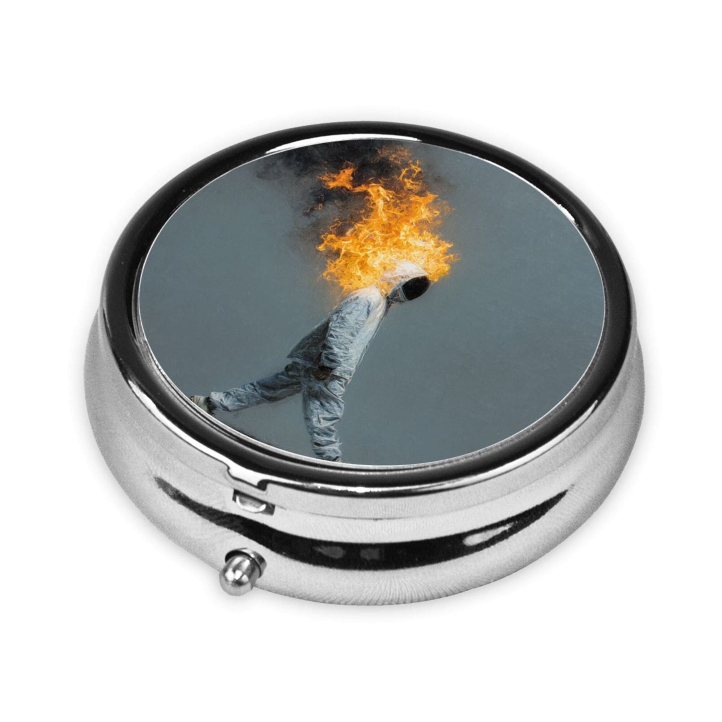 Premium Round Mini Pill Box | Durable Metal Organizer | 3-Compartment Storage | Burning Figure Art Cover | Perfect for Daily Carry, Travel, and Artistic Gift Giving