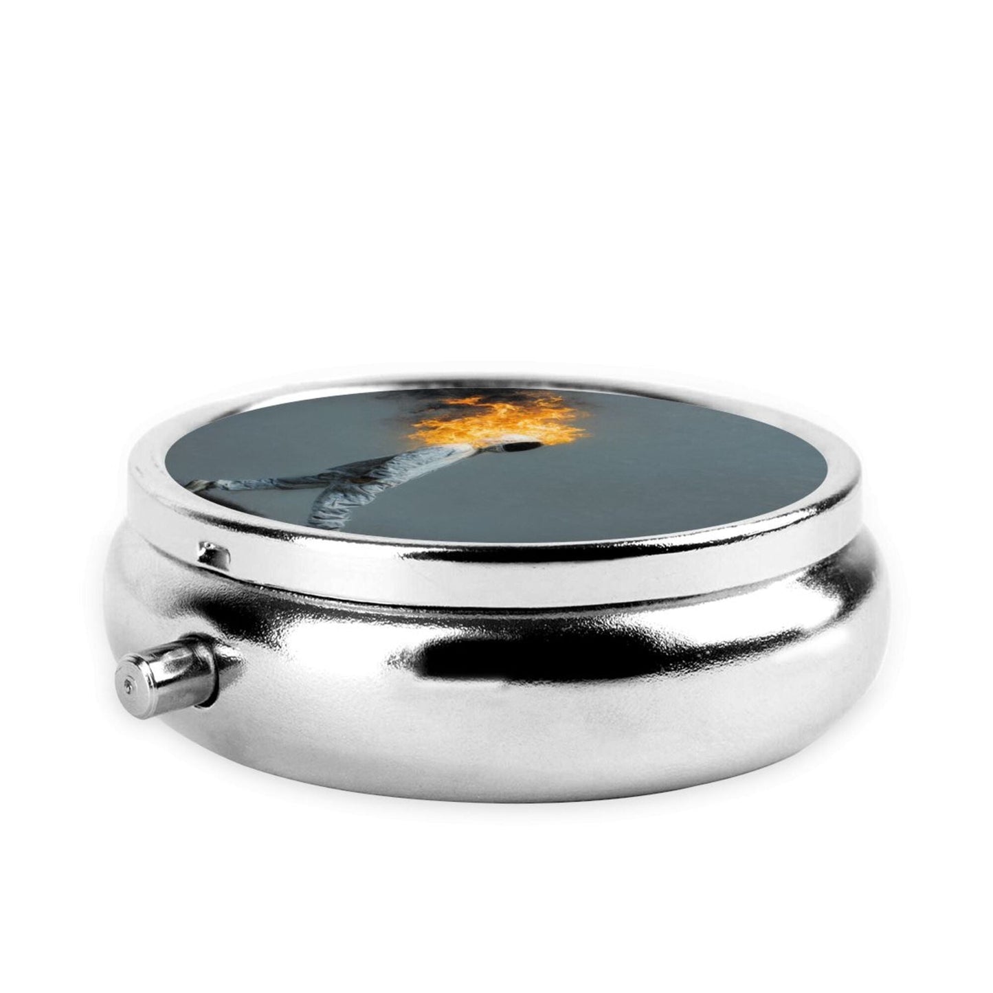 Premium Round Mini Pill Box | Durable Metal Organizer | 3-Compartment Storage | Burning Figure Art Cover | Perfect for Daily Carry, Travel, and Artistic Gift Giving