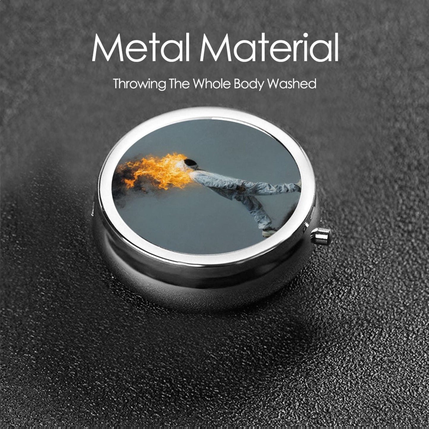 Premium Round Mini Pill Box | Durable Metal Organizer | 3-Compartment Storage | Burning Figure Art Cover | Perfect for Daily Carry, Travel, and Artistic Gift Giving
