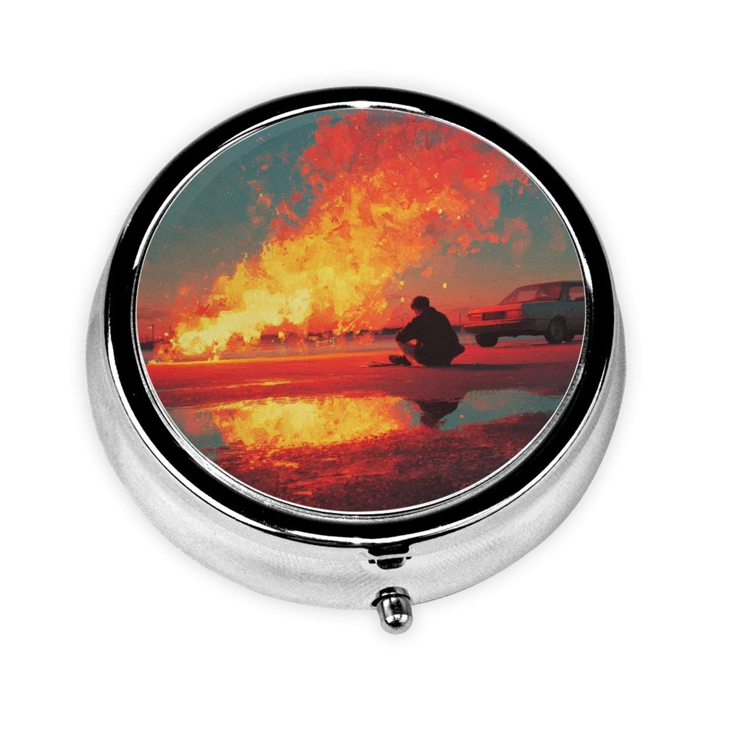 Premium Round Mini Pill Box | Durable Metal Organizer | 3-Compartment Storage | Flaming Silhouette Art Cover | Perfect for Daily Carry, Travel, and Unique Gift Giving