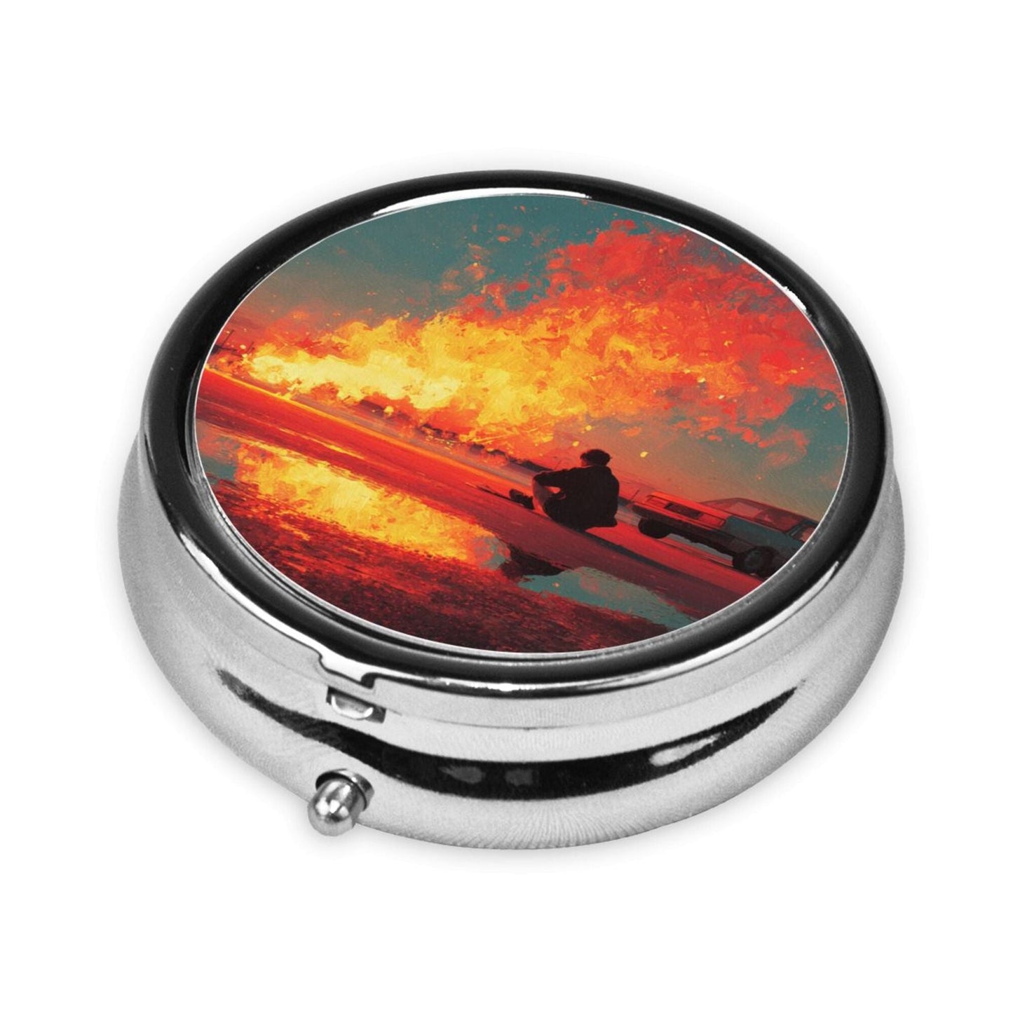 Premium Round Mini Pill Box | Durable Metal Organizer | 3-Compartment Storage | Flaming Silhouette Art Cover | Perfect for Daily Carry, Travel, and Unique Gift Giving