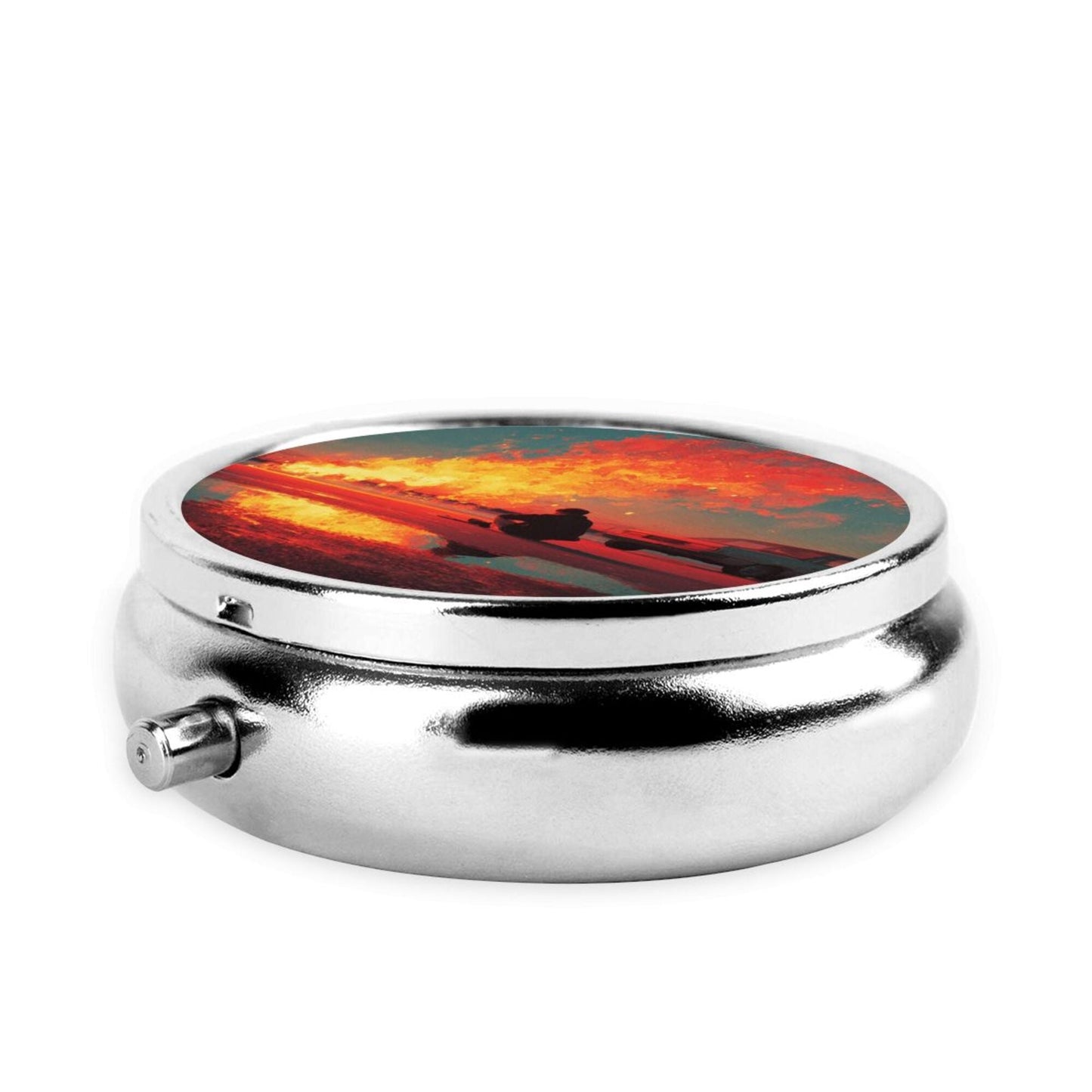 Premium Round Mini Pill Box | Durable Metal Organizer | 3-Compartment Storage | Flaming Silhouette Art Cover | Perfect for Daily Carry, Travel, and Unique Gift Giving