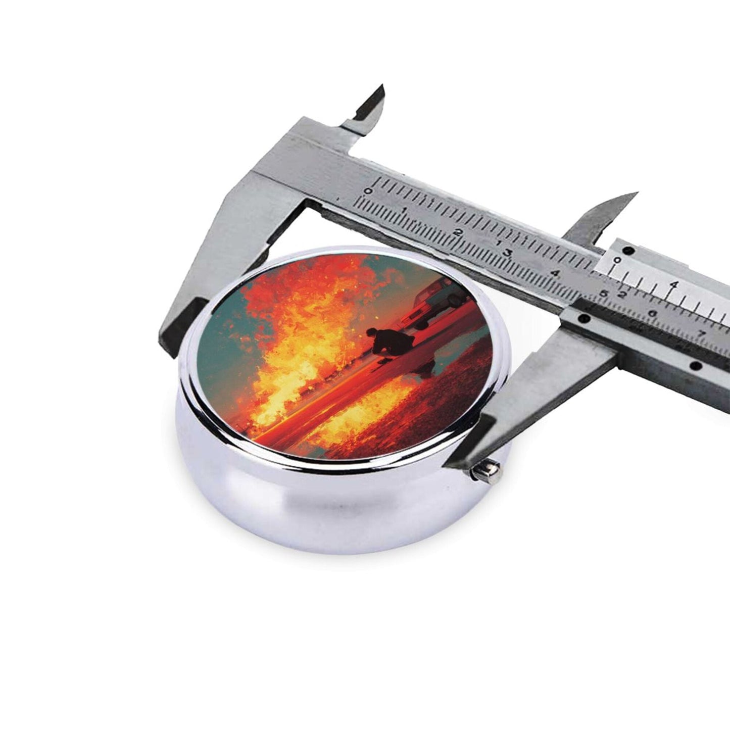 Premium Round Mini Pill Box | Durable Metal Organizer | 3-Compartment Storage | Flaming Silhouette Art Cover | Perfect for Daily Carry, Travel, and Unique Gift Giving
