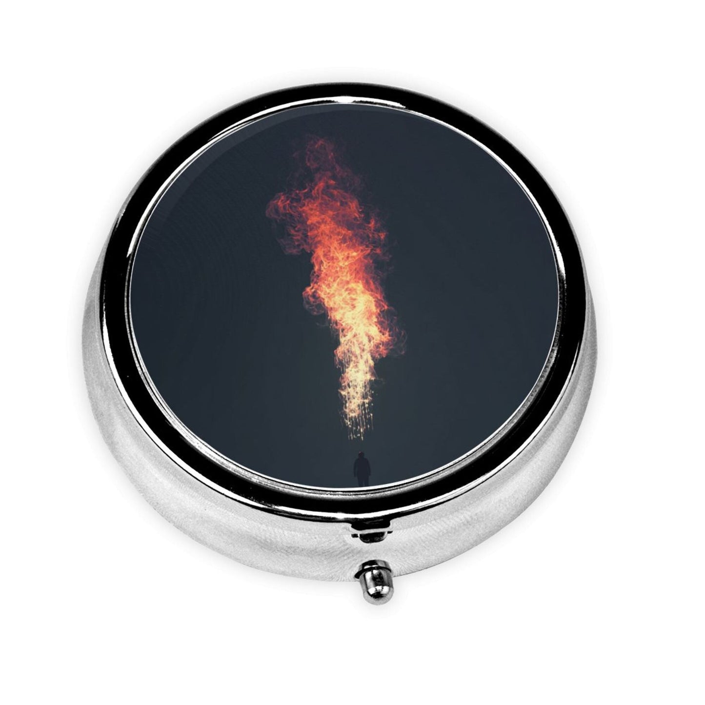Premium Round Mini Pill Box | Durable Metal Organizer | 3-Compartment Storage | Flame Burst Art Cover | Perfect for Daily Carry, Travel, and Unique Gift Giving