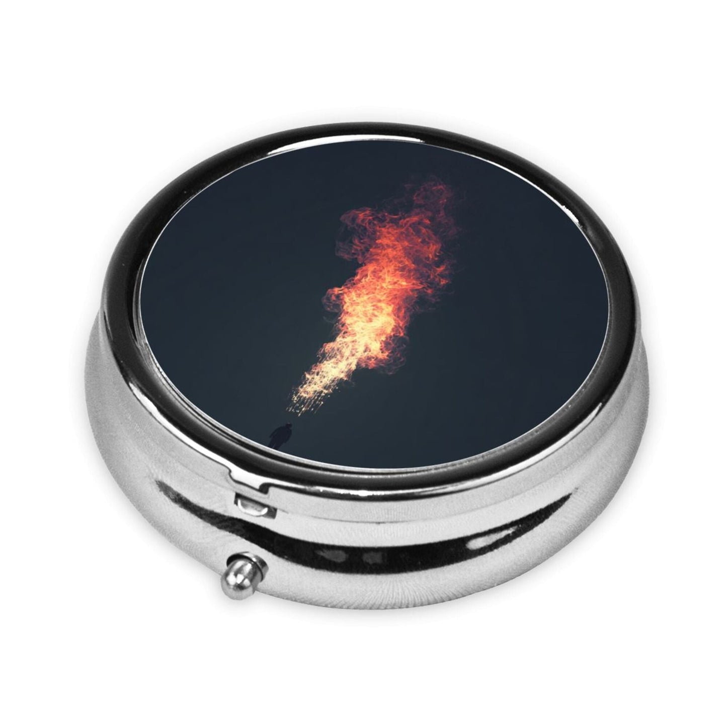 Premium Round Mini Pill Box | Durable Metal Organizer | 3-Compartment Storage | Flame Burst Art Cover | Perfect for Daily Carry, Travel, and Unique Gift Giving