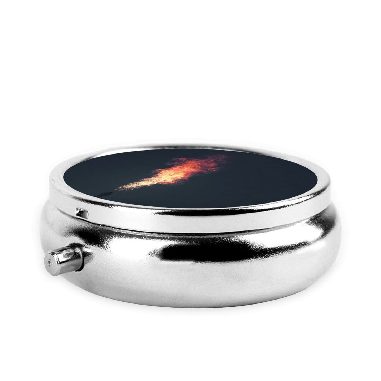 Premium Round Mini Pill Box | Durable Metal Organizer | 3-Compartment Storage | Flame Burst Art Cover | Perfect for Daily Carry, Travel, and Unique Gift Giving