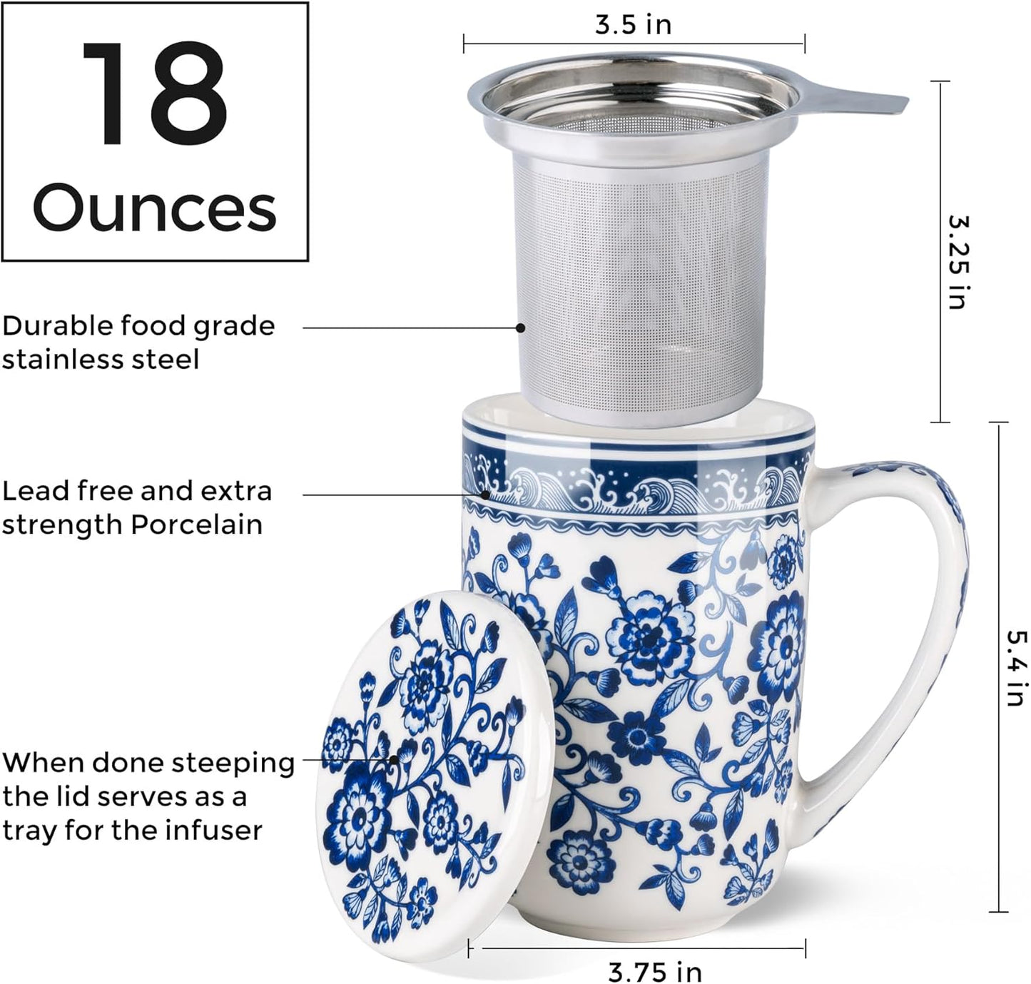 18oz Porcelain Tea Mug | Blue & White Floral Design | Stainless Steel Infuser & Porcelain Lid | Elegant Cup for Home & Office