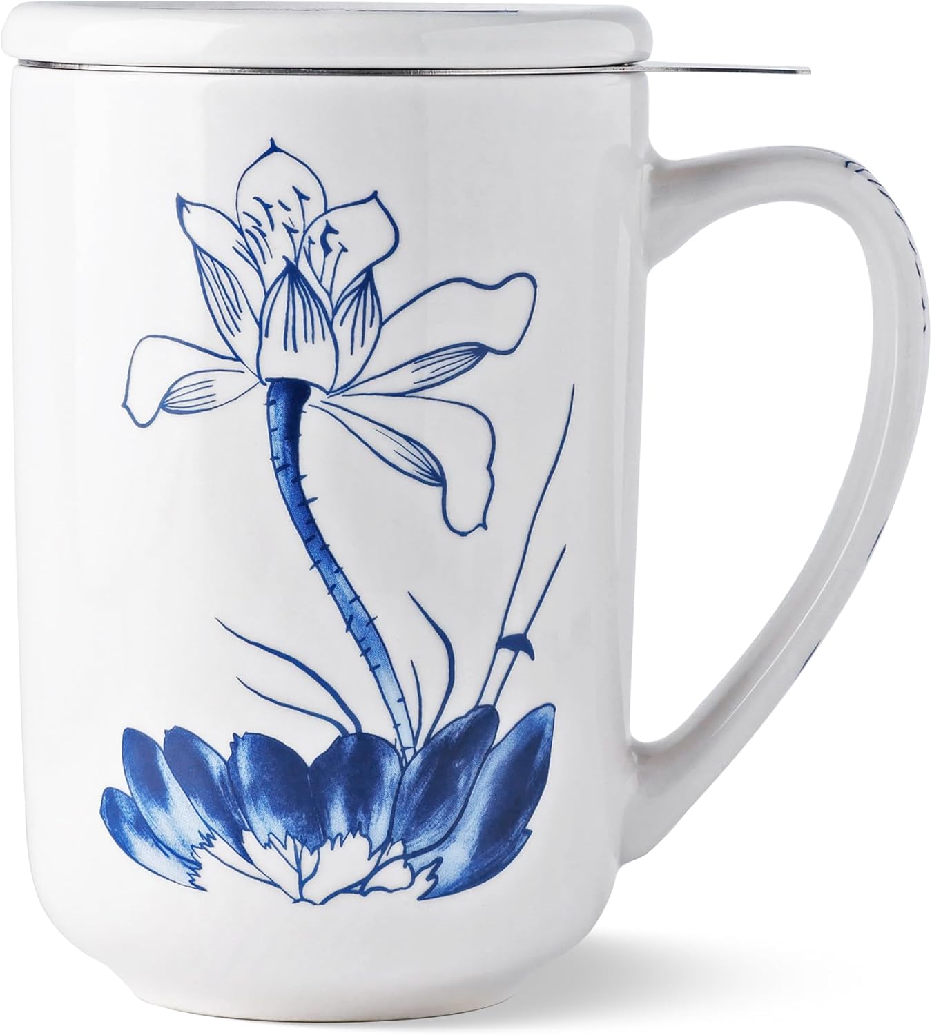 18oz Porcelain Tea Mug with Lotus Design | Includes Stainless Steel Infuser & Ceramic Lid | Large Capacity Oriental Style Tea & Coffee Cup