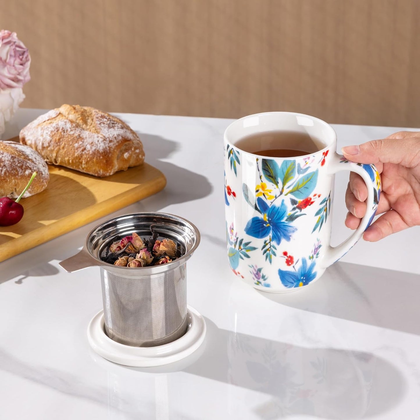 18oz Floral Porcelain Tea Mug | With Stainless Steel Infuser & Lid | Large Capacity Mug for Tea, Coffee & Herbal Drinks