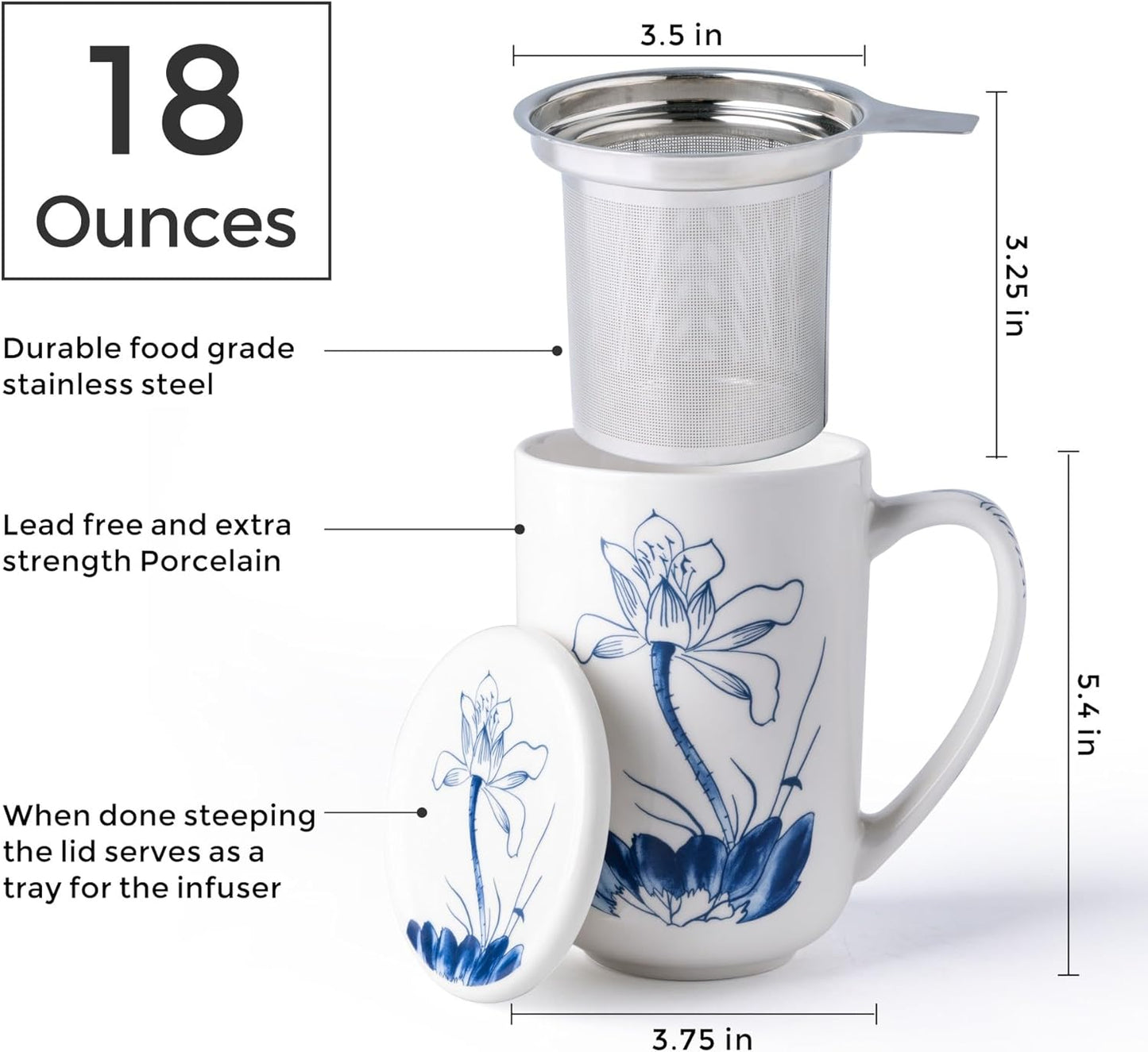 18oz Porcelain Tea Mug with Lotus Design | Includes Stainless Steel Infuser & Ceramic Lid | Large Capacity Oriental Style Tea & Coffee Cup