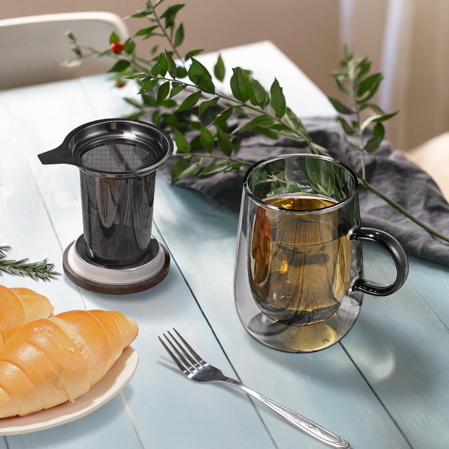 430ml Hand-Blown Glass Tea Mug | With Stainless Steel Infuser & Wooden Lid | Modern Minimalist Large Capacity Heat-Resistant Cup for Home & Office