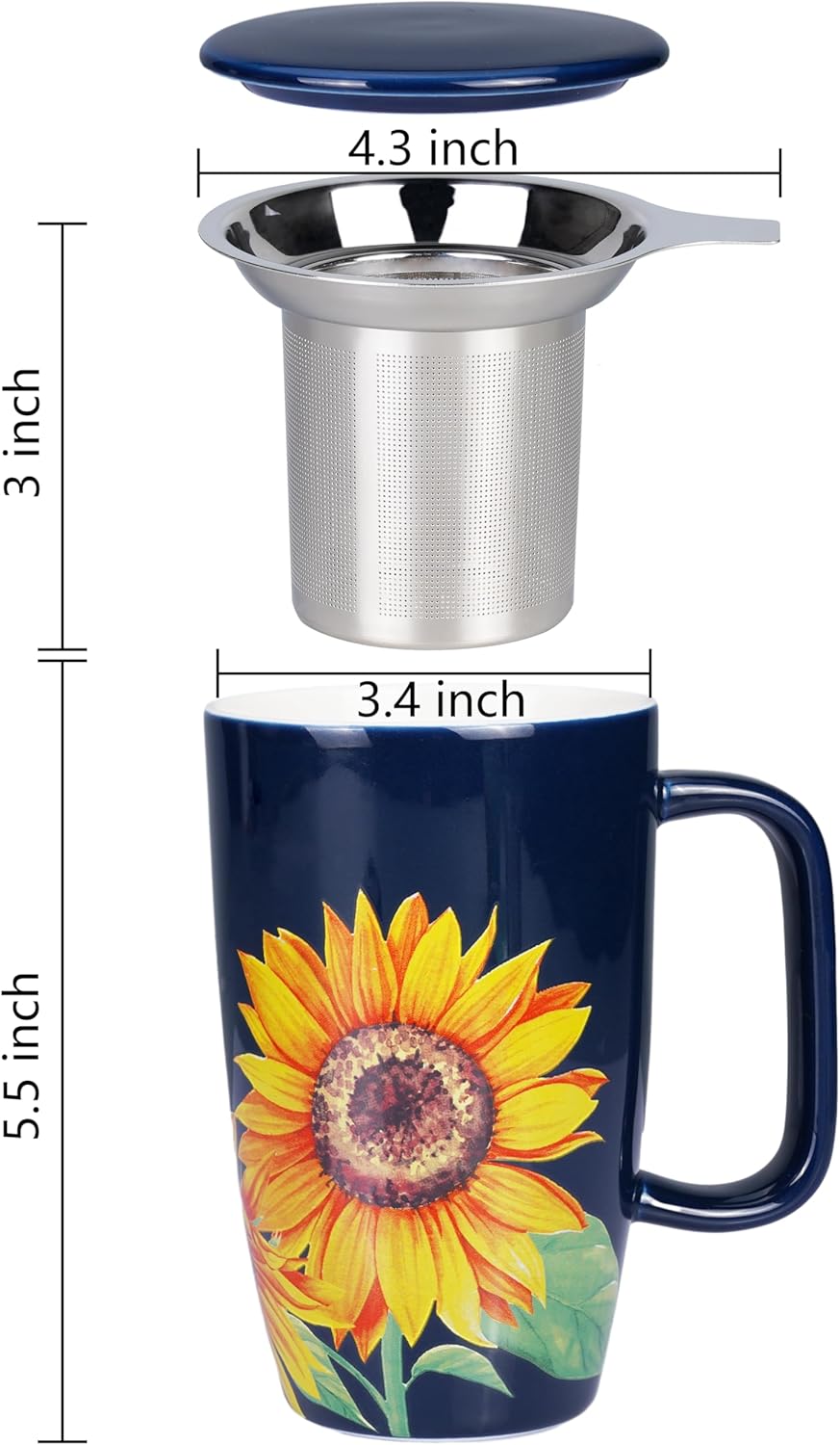 【Sunflower Tea Mug with Infuser & Lid】17oz Large Ceramic Tea Cup | Stainless Steel Strainer | Stylish Gift for Home & Office