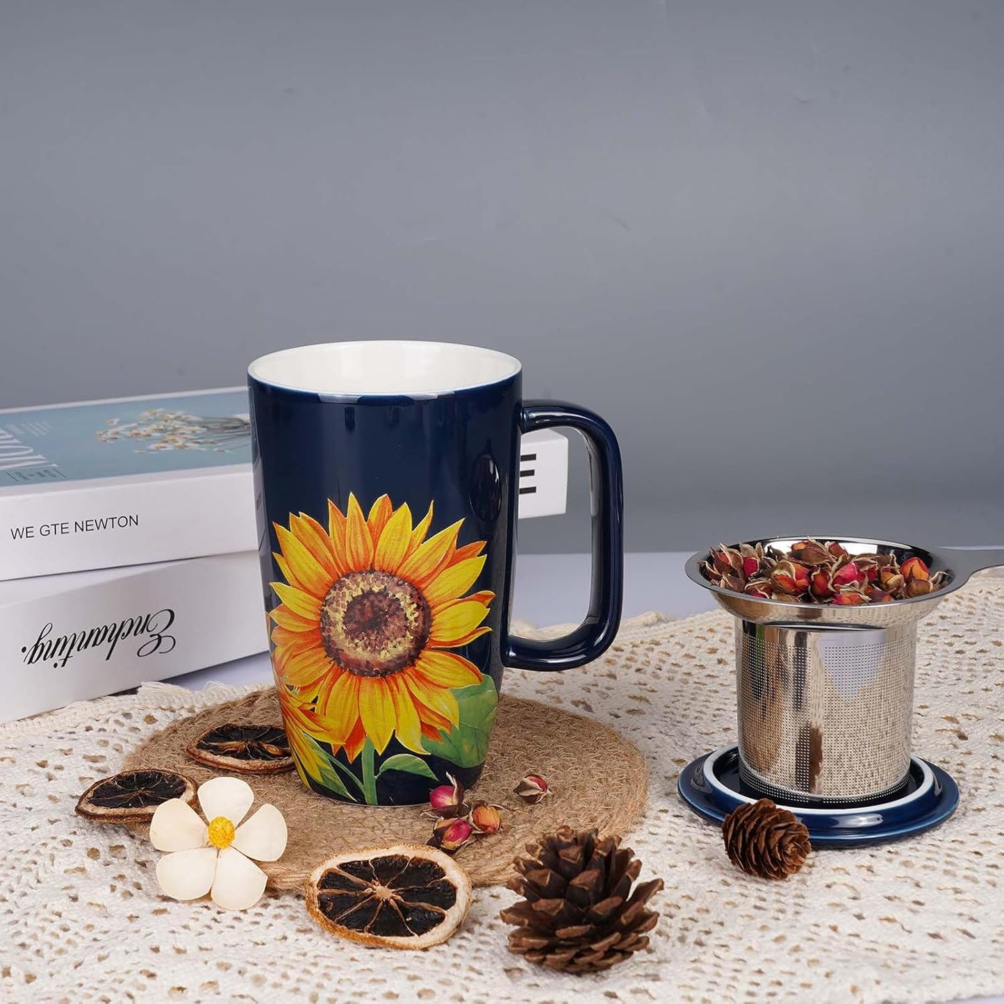 【Sunflower Tea Mug with Infuser & Lid】17oz Large Ceramic Tea Cup | Stainless Steel Strainer | Stylish Gift for Home & Office