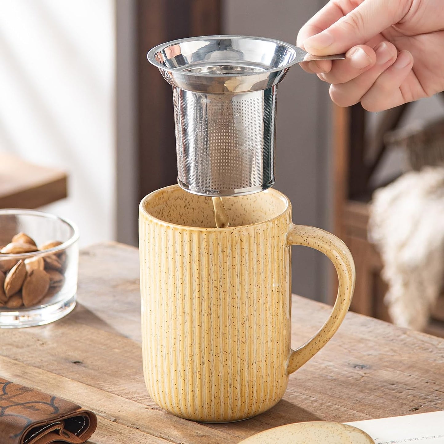 470ml Ceramic Striped Tea Mug Set | With Stainless Steel Infuser & Ceramic Tray | Natural Style Large Capacity Mug for Home & Office