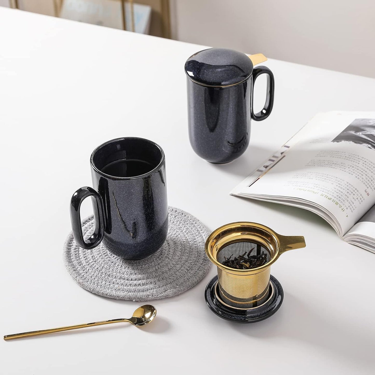 16oz Premium Ceramic Tea Mug Set | With Golden Stainless Steel Infuser, Ceramic Lid & Long Spoon | Elegant Large Mug for Office & Home