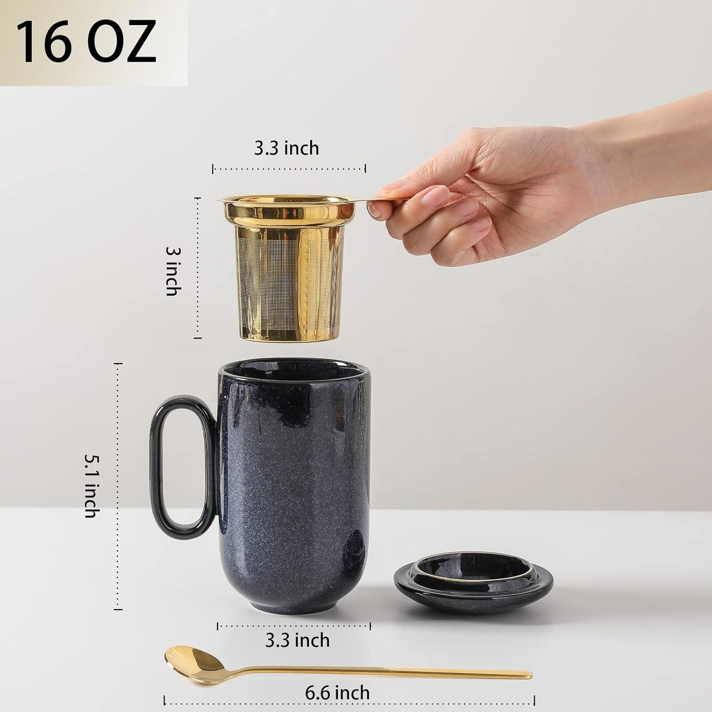 16oz Premium Ceramic Tea Mug Set | With Golden Stainless Steel Infuser, Ceramic Lid & Long Spoon | Elegant Large Mug for Office & Home