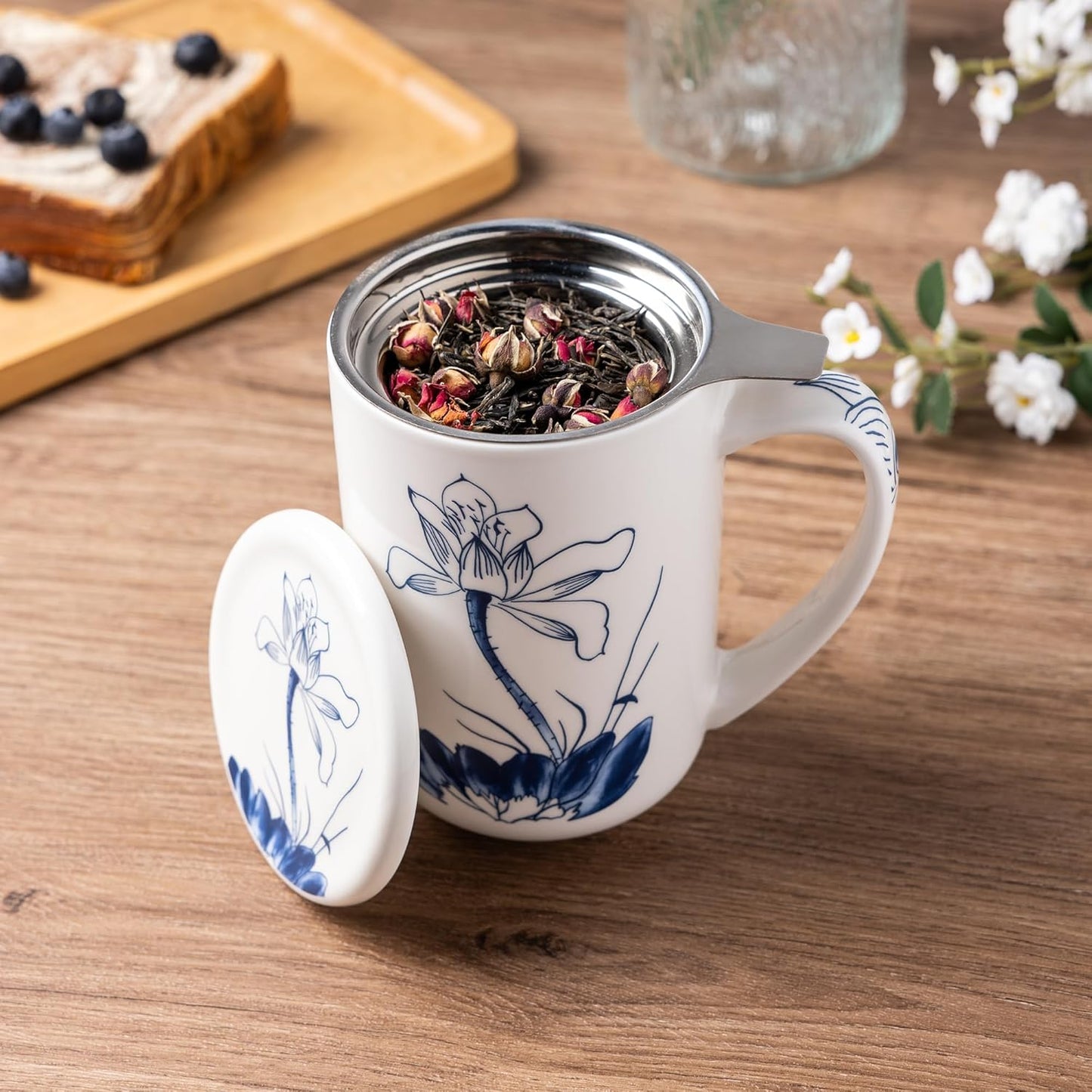 18oz Porcelain Tea Mug with Lotus Design | Includes Stainless Steel Infuser & Ceramic Lid | Large Capacity Oriental Style Tea & Coffee Cup