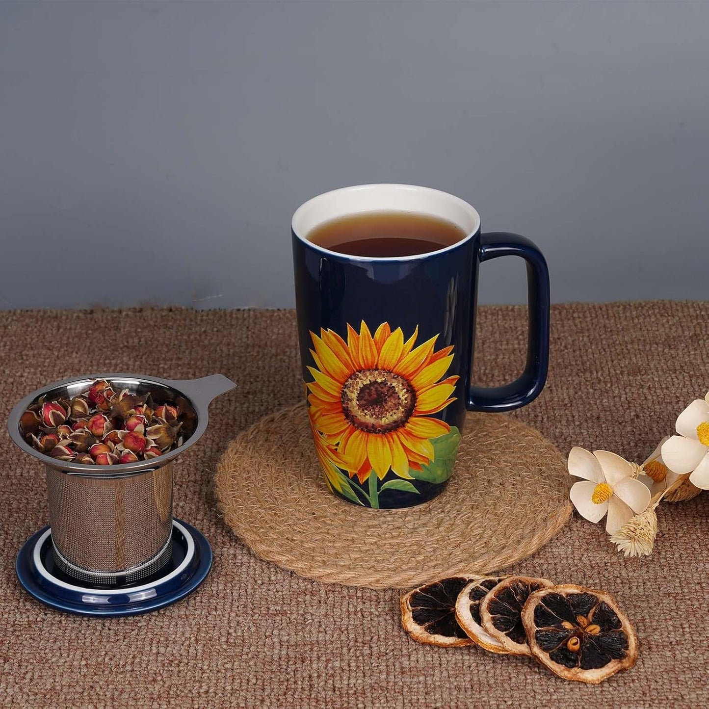 【Sunflower Tea Mug with Infuser & Lid】17oz Large Ceramic Tea Cup | Stainless Steel Strainer | Stylish Gift for Home & Office