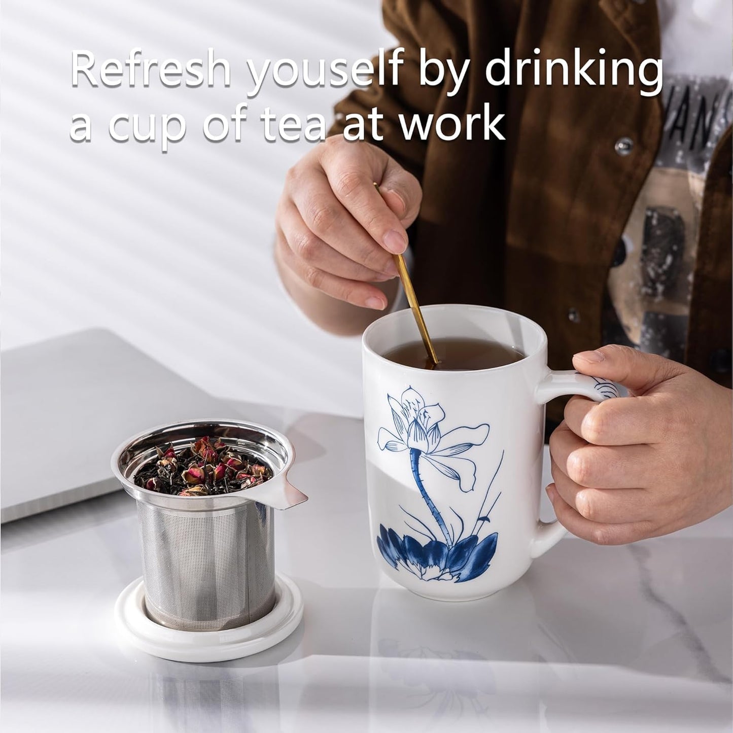 18oz Porcelain Tea Mug with Lotus Design | Includes Stainless Steel Infuser & Ceramic Lid | Large Capacity Oriental Style Tea & Coffee Cup