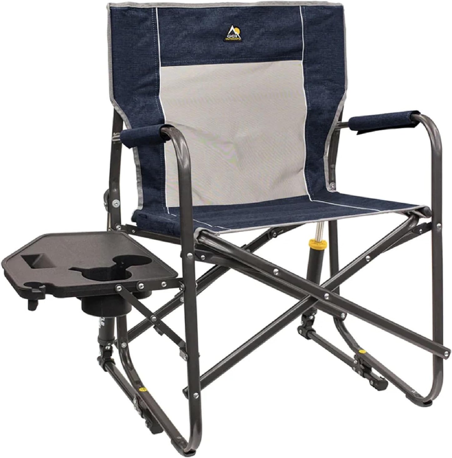 GCI Outdoor Freestyle Rocker XL with Side Table Camping Chair | Portable Folding Rocking Chair with Solid, Durable Armrests, Drink Holder & Comfortable Backrest — Black