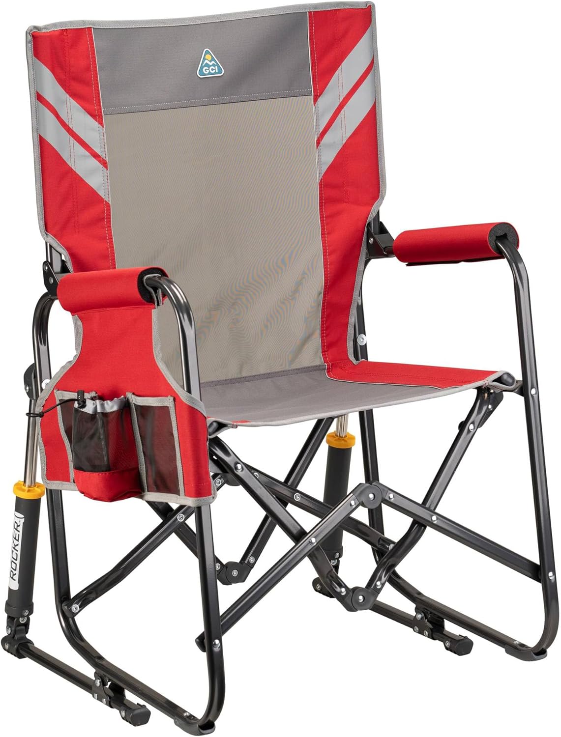 GCI Outdoor Freestyle Rocker XL with Side Table Camping Chair | Portable Folding Rocking Chair with Solid, Durable Armrests, Drink Holder & Comfortable Backrest — Black