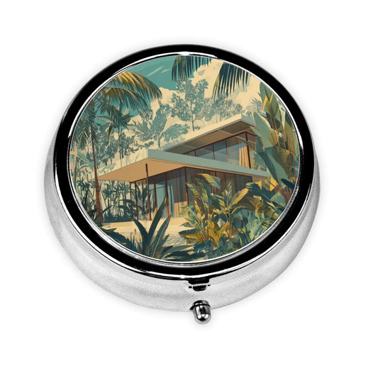 Round Mini Pill Box ｜ Portable Metal Medicine Organizer ｜ 3-Compartment Storage ｜ Tropical Jungle Art Style Cover ｜ Ideal for Daily Carry, Business Travel, and Gift Giving