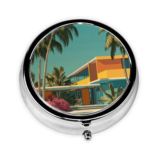 Premium Round Mini Pill Box ｜ Portable Metal Medicine Organizer ｜ 3-Compartment Storage ｜ Tropical Vacation Style Cover ｜ Perfect for Daily Carry, Travel, and Gift Giving
