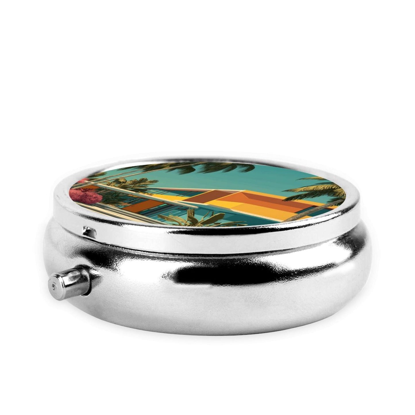 Premium Round Mini Pill Box ｜ Portable Metal Medicine Organizer ｜ 3-Compartment Storage ｜ Tropical Vacation Style Cover ｜ Perfect for Daily Carry, Travel, and Gift Giving
