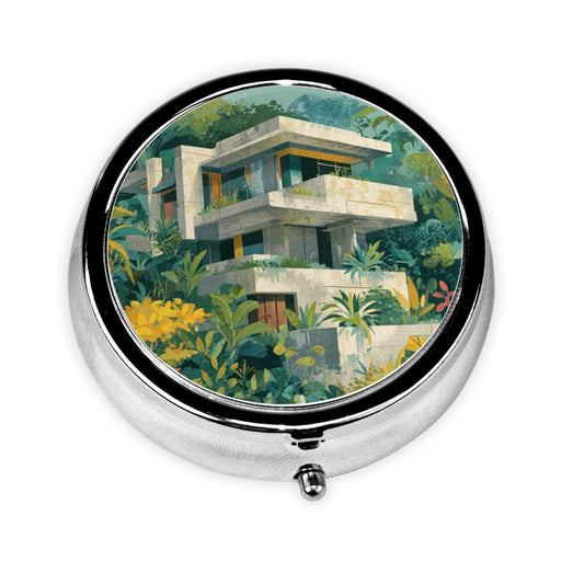 Premium Round Mini Pill Box ｜ Durable Metal Medicine Organizer ｜ 3-Compartment Storage ｜ Modern Architecture & Tropical Plant Art Design ｜ Ideal for Daily Carry, Travel, and Gift Giving