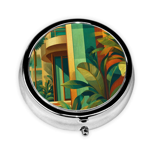 Premium Round Mini Pill Box ｜ Durable Metal Medicine Organizer ｜ 3-Compartment Storage ｜ Modern Architecture & Tropical Plant Art Cover ｜ Ideal for Daily Use, Travel, and Gift Giving