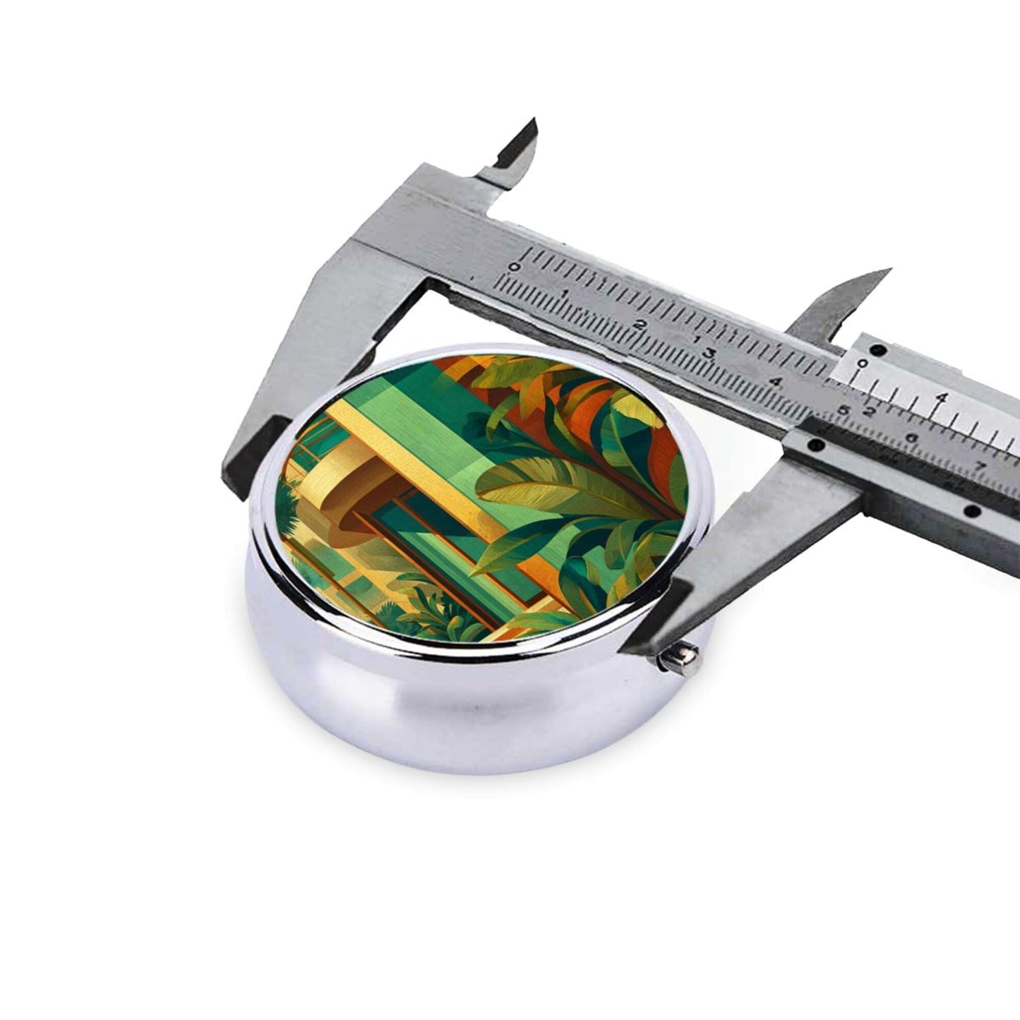 Premium Round Mini Pill Box ｜ Durable Metal Medicine Organizer ｜ 3-Compartment Storage ｜ Modern Architecture & Tropical Plant Art Cover ｜ Ideal for Daily Use, Travel, and Gift Giving