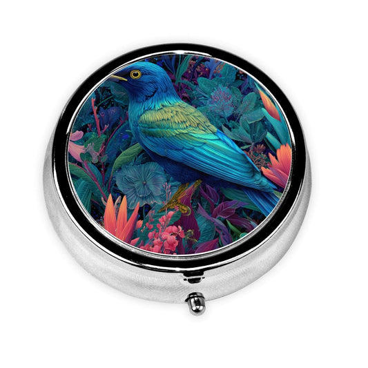 Premium Round Mini Pill Box ｜ Durable Metal Organizer ｜ 3-Compartment Storage ｜ Tropical Rainforest Blue Bird Art Design ｜ Perfect for Daily Carry, Travel, and Gift Giving
