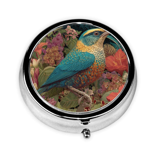 Premium Round Mini Pill Box ｜ Durable Metal Medicine Organizer ｜ 3-Compartment Storage ｜ Blue & Yellow Parrot with Tropical Flower Art Cover ｜ Perfect for Daily Carry, Travel, and Gift Giving