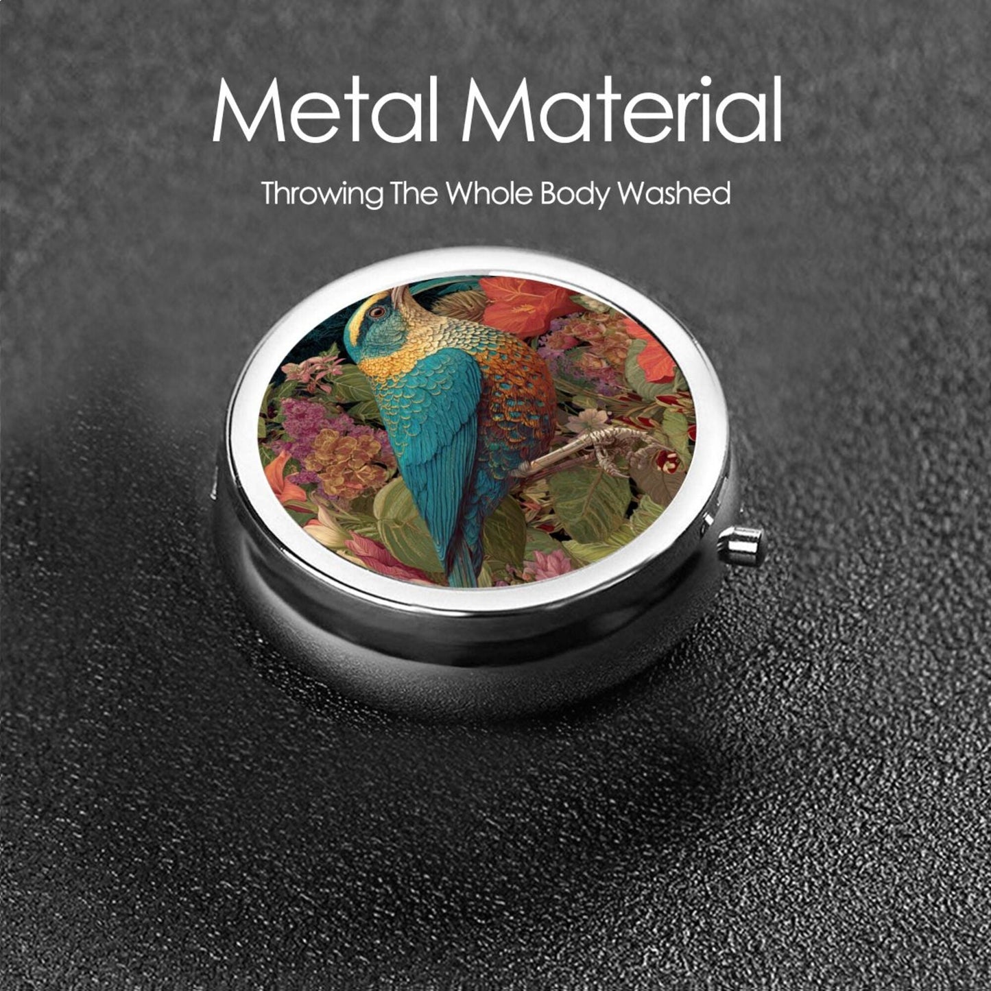 Premium Round Mini Pill Box ｜ Durable Metal Medicine Organizer ｜ 3-Compartment Storage ｜ Blue & Yellow Parrot with Tropical Flower Art Cover ｜ Perfect for Daily Carry, Travel, and Gift Giving