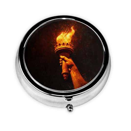 Premium Round Mini Pill Box ｜ Durable Metal Organizer ｜ 3-Compartment Storage ｜ Torch of Light Art Cover ｜ Perfect for Daily Carry, Travel, and Creative Gift Giving