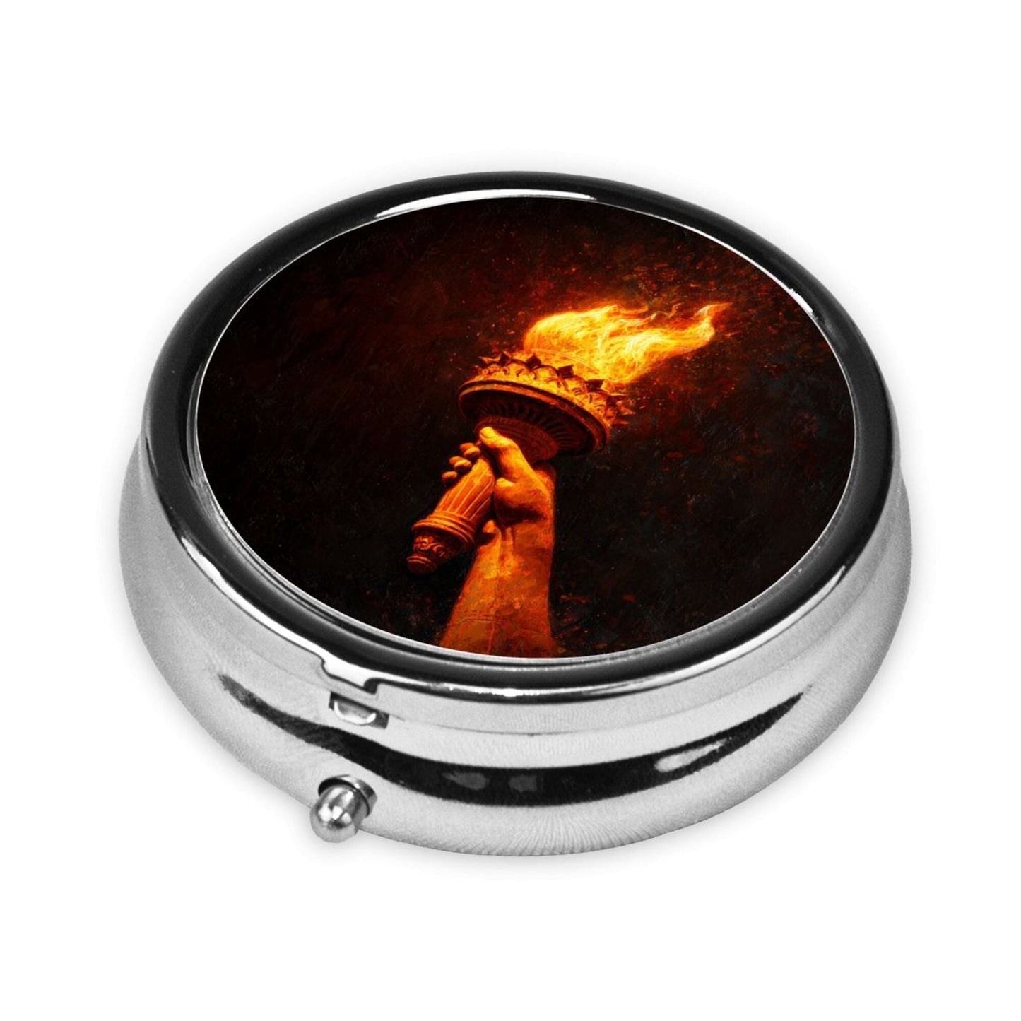 Premium Round Mini Pill Box ｜ Durable Metal Organizer ｜ 3-Compartment Storage ｜ Torch of Light Art Cover ｜ Perfect for Daily Carry, Travel, and Creative Gift Giving