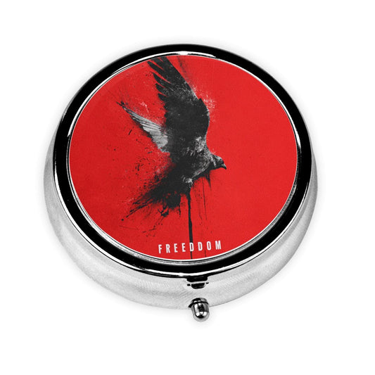 Premium Round Mini Pill Box ｜ Durable Metal Organizer ｜ 3-Compartment Storage ｜ Black Bird with Red Background Art Cover ｜ Perfect for Daily Carry, Travel, and Stylish Gift Giving