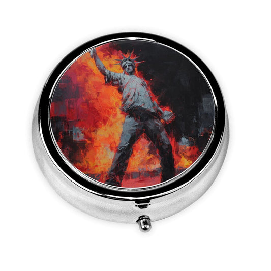 Premium Round Mini Pill Box ｜ Durable Metal Organizer ｜ 3-Compartment Storage ｜ Flame Figure Art Cover ｜ Perfect for Daily Carry, Travel, and Unique Gift Giving