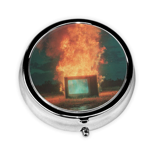 Premium Round Mini Pill Box ｜ Durable Metal Organizer ｜ 3-Compartment Storage ｜ Burning Cube Art Cover ｜ Perfect for Daily Carry, Travel, and Unique Gift Giving