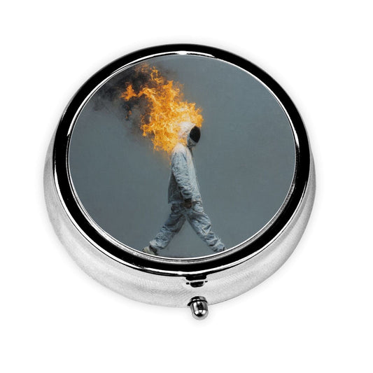 Premium Round Mini Pill Box ｜ Durable Metal Organizer ｜ 3-Compartment Storage ｜ Burning Figure Art Cover ｜ Perfect for Daily Carry, Travel, and Artistic Gift Giving