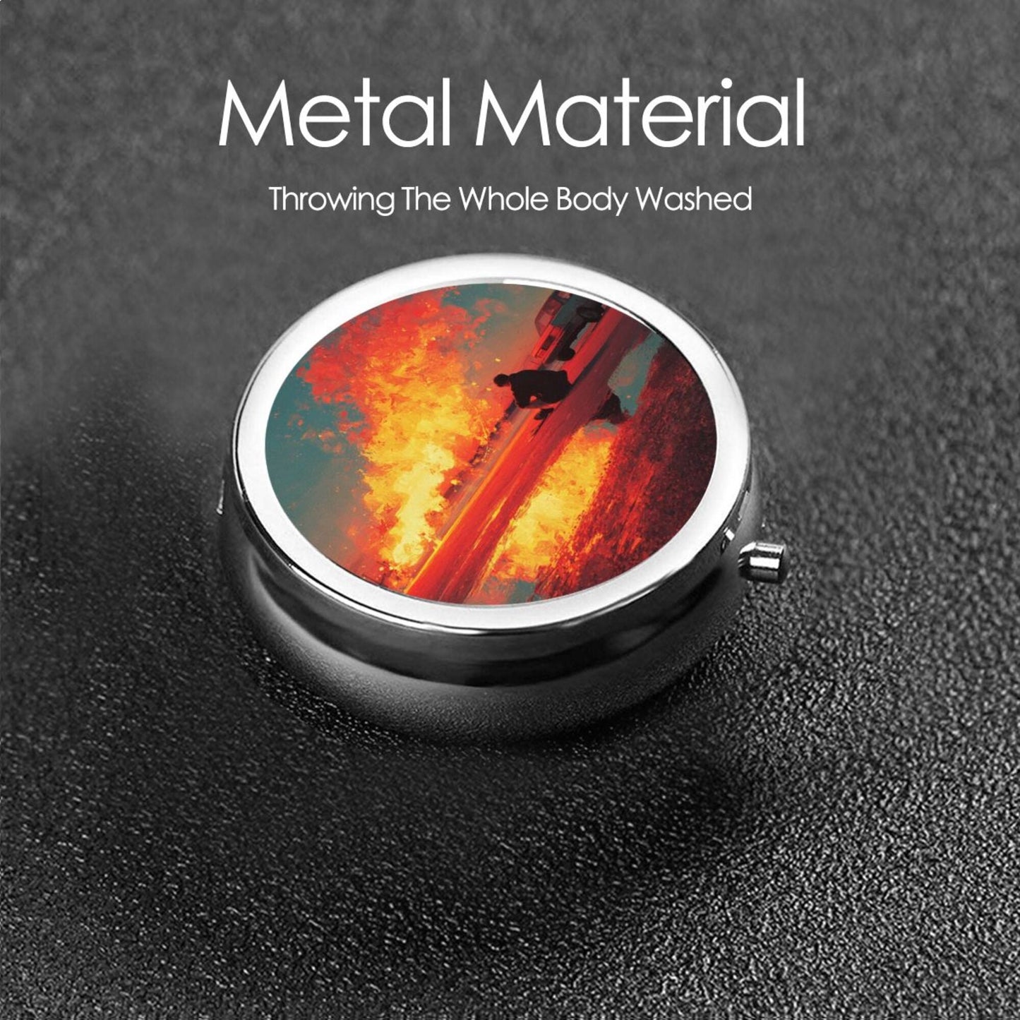 Premium Round Mini Pill Box ｜ Durable Metal Organizer ｜ 3-Compartment Storage ｜ Flaming Silhouette Art Cover ｜ Perfect for Daily Carry, Travel, and Unique Gift Giving