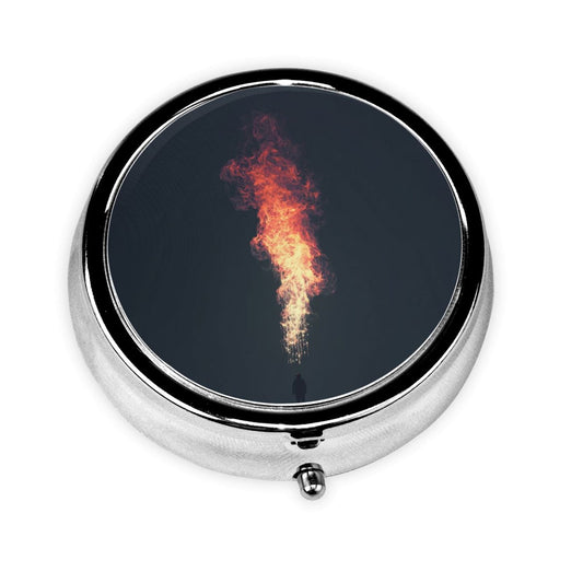 Premium Round Mini Pill Box ｜ Durable Metal Organizer ｜ 3-Compartment Storage ｜ Flame Burst Art Cover ｜ Perfect for Daily Carry, Travel, and Unique Gift Giving
