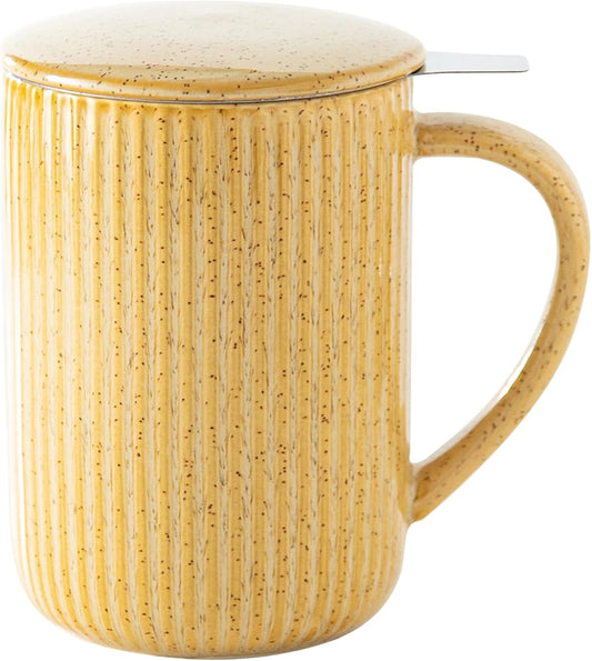 470ml Ceramic Striped Tea Mug Set ｜ With Stainless Steel Infuser & Ceramic Tray ｜ Natural Style Large Capacity Mug for Home & Office