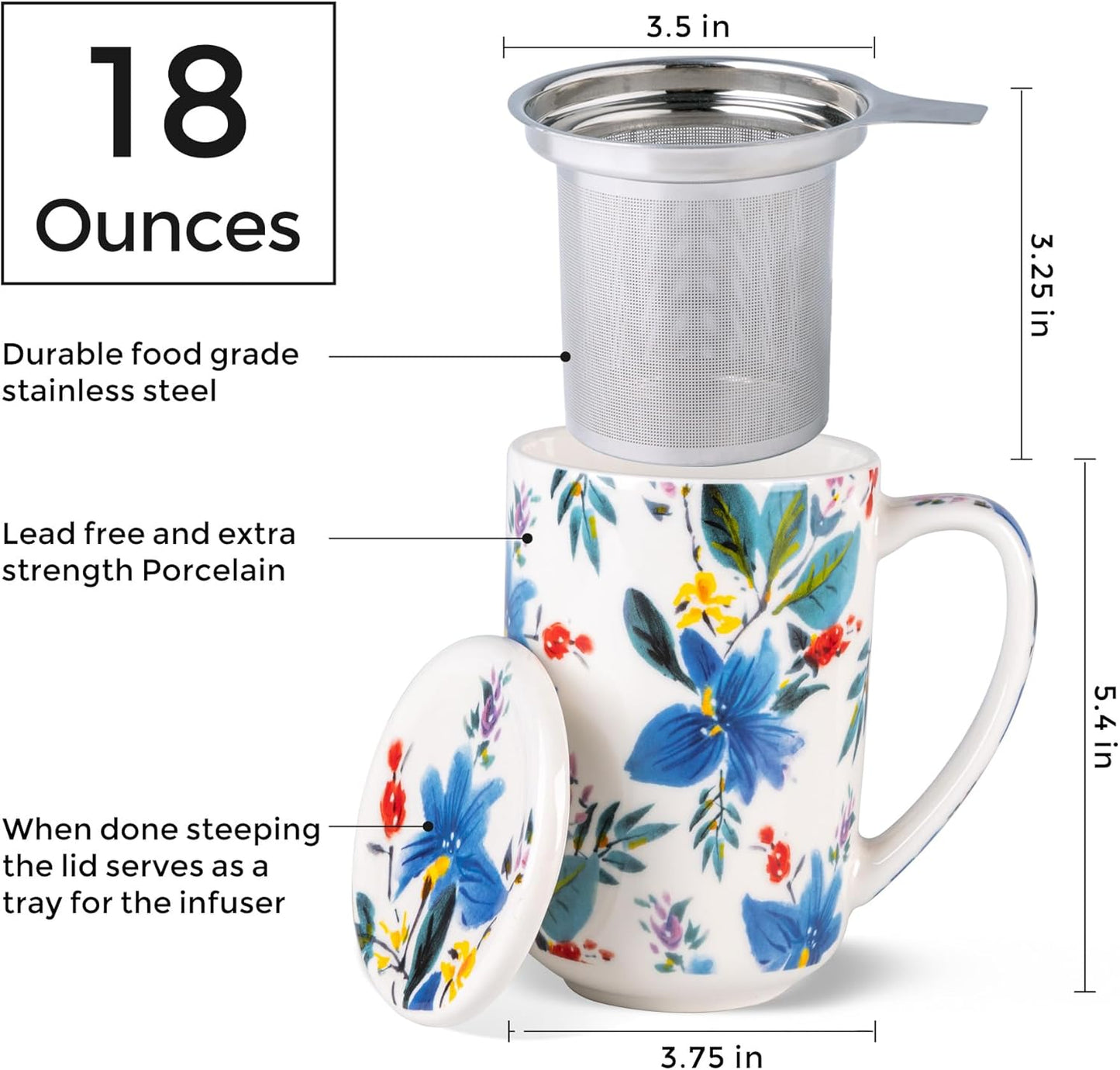 18oz Floral Porcelain Tea Mug ｜ With Stainless Steel Infuser & Lid ｜ Large Capacity Mug for Tea, Coffee & Herbal Drinks
