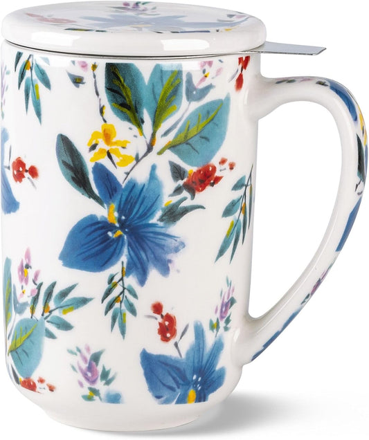 18oz Floral Porcelain Tea Mug ｜ With Stainless Steel Infuser & Lid ｜ Large Capacity Mug for Tea, Coffee & Herbal Drinks