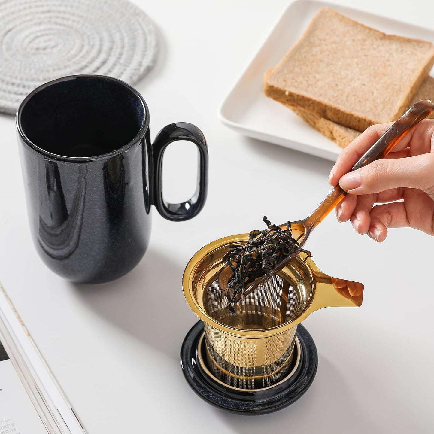 16oz Premium Ceramic Tea Mug Set ｜ With Golden Stainless Steel Infuser, Ceramic Lid & Long Spoon ｜ Elegant Large Mug for Office & Home