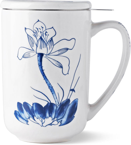 18oz Porcelain Tea Mug with Lotus Design ｜ Includes Stainless Steel Infuser & Ceramic Lid ｜ Large Capacity Oriental Style Tea & Coffee Cup
