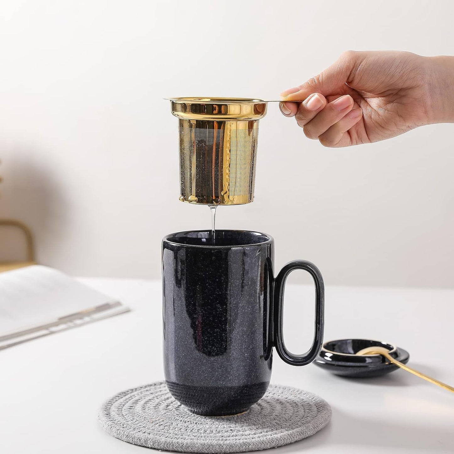 16oz Premium Ceramic Tea Mug Set ｜ With Golden Stainless Steel Infuser, Ceramic Lid & Long Spoon ｜ Elegant Large Mug for Office & Home