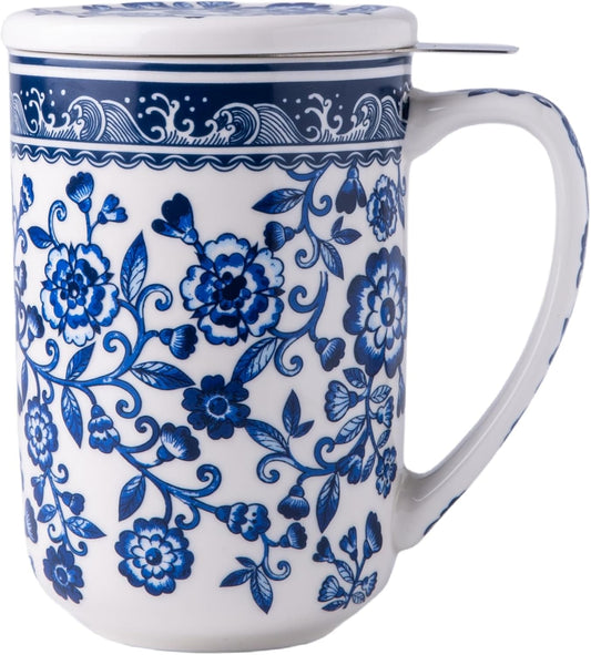 18oz Porcelain Tea Mug ｜ Blue & White Floral Design ｜ Stainless Steel Infuser & Porcelain Lid ｜ Elegant Cup for Home & Office