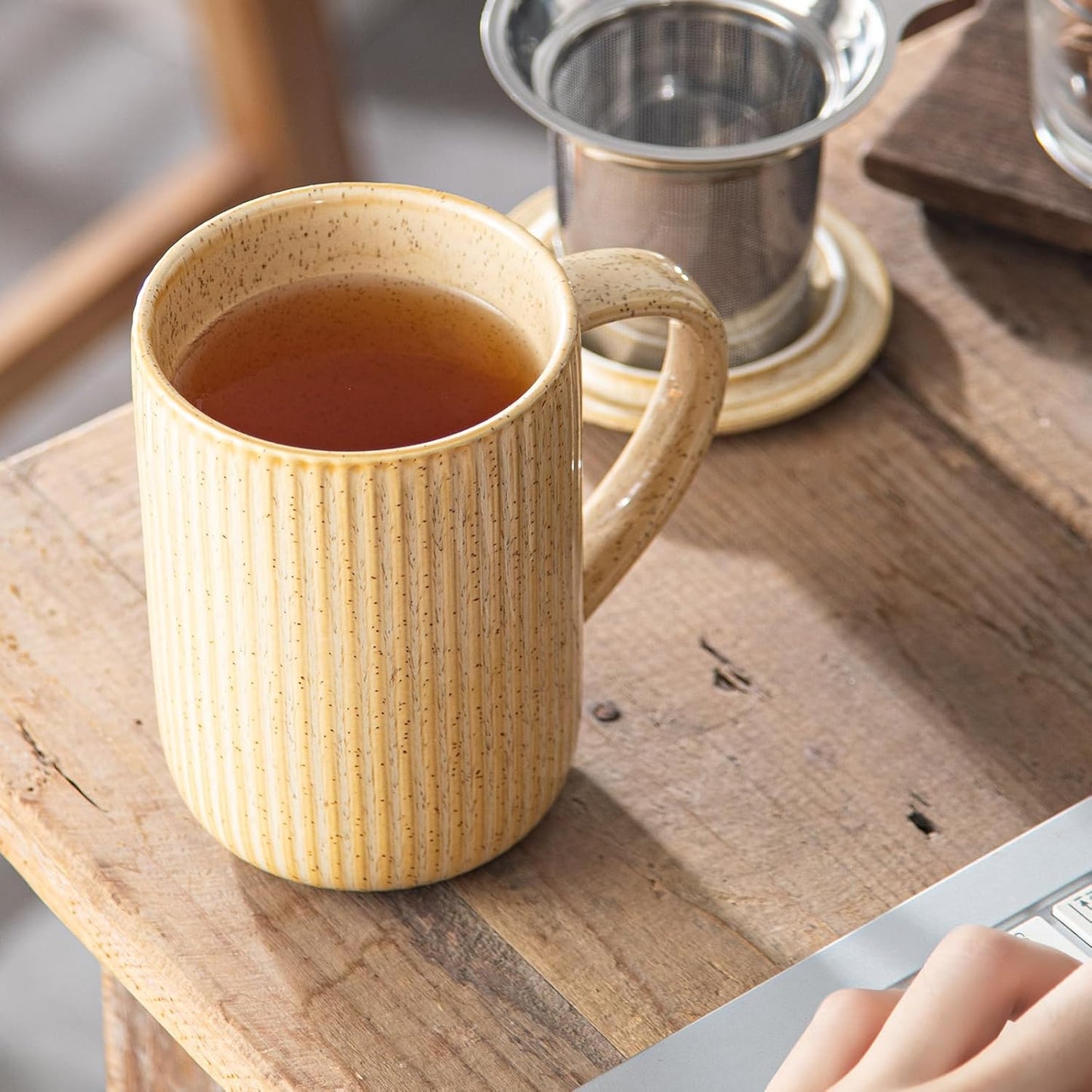 470ml Ceramic Striped Tea Mug Set ｜ With Stainless Steel Infuser & Ceramic Tray ｜ Natural Style Large Capacity Mug for Home & Office